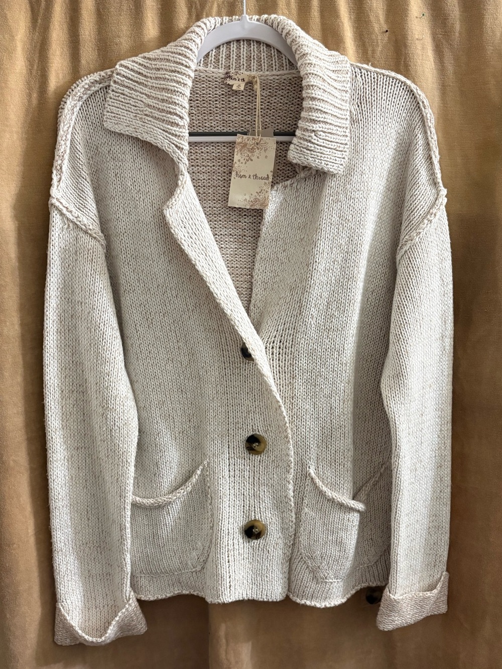 Hem & Thread Cream Button-Front Knit Cardigan